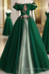 Green A-Line Tulle And Satin Long Formal Dresses, Green Party Dresses Evening Prom Dresses